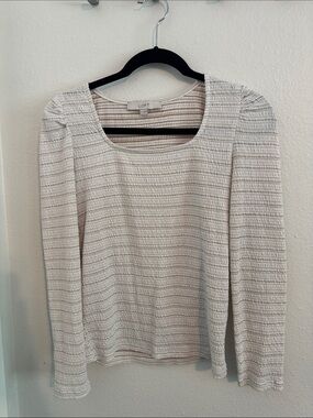 LOFT Cream Scoop Neck Long Sleeve Top with Thin Black Stripes